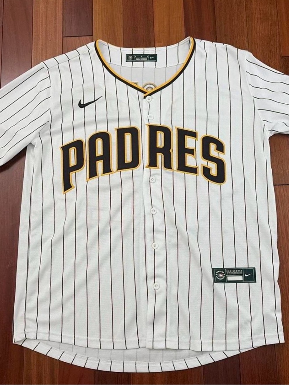 Nike Padres White Pinstripe Jersey with Black and Gold Accents